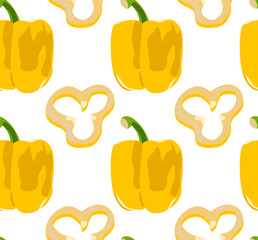 Whole yellow bell pepper and pepper cut in half. Seamless pattern in vector. Natural product. For print and background.