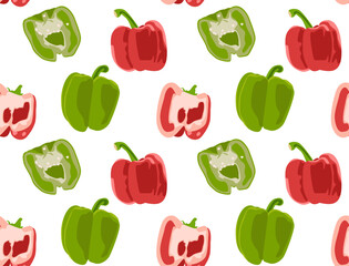 Red, green bell peppers whole and cut in half. Seamless pattern in vector. Isolated figures. Natural product. Useful vegetables.