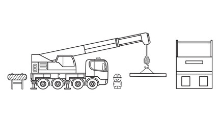 Hand drawn Vector illustration color children construction crane truck with building and construction worker
