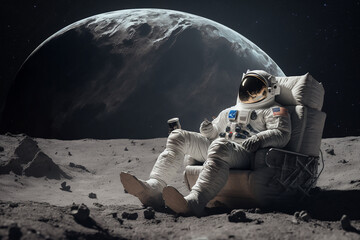 Astronaut in a lounge chair on the moon, space travel illustration
