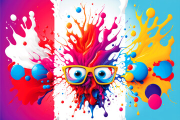 Colorful funny splashes in three different variants and colors with sun glasses. Generative AI