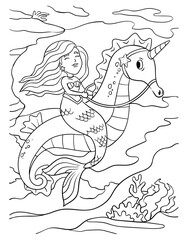 Mermaid Riding Sea Horse Coloring Page for Kids