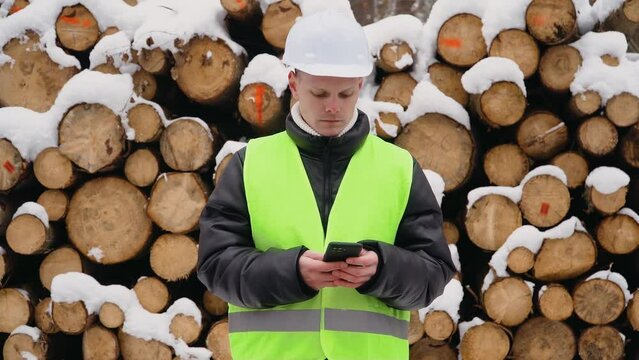 Forest engineer wearing safety helmet and protective vest works in forest with smartphones in special applications on stacked logs background. Working in logging. Deforestation and heavy industry on