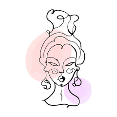 Obraz premium Simple, minimalist vector illustration of beautiful woman face. Line drawing With watercolor stains.