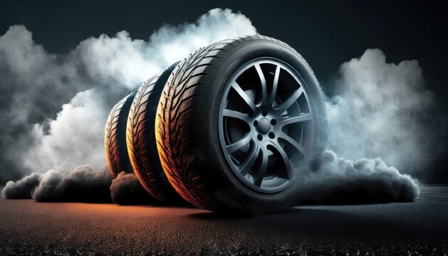 Tires of a car on an illuminated sidewalk with smoke.