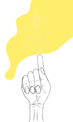 Postcard template of call to image Lifestyle. Hand with thumb up. Pleasure and joy from life and a sense of happiness. Vector illustration for print in sketch style