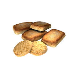 3d rendering of single and stacked brown round and square cookies from perspective top view