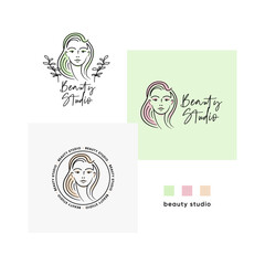 Logo for beauty company, line style. Woman face, hair, makeup, minimalist icon