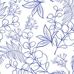 Seamless pattern with bouquet of Blue Fern, Eucalyptus and Herbs on white background.