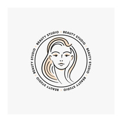 Beauty company logo, minimalist style line icon. Woman face, hair, makeup