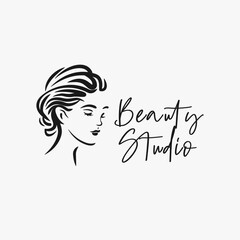 Logo for hair salon. Woman's face, hair, minimalist icon