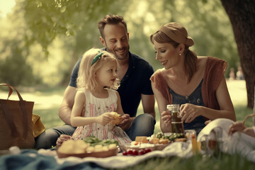 A digital painting of A happy family enjoying a summer picnic in a green park - AI generative