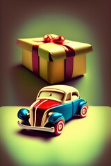 Toy Car with Christmas Gift Box Background, Vintage Coloring Background - generative ai