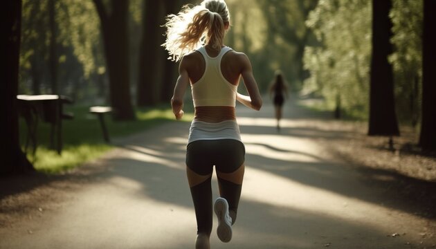 Blonde fit woman running in the park view from behind generate ai