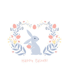 Vintage postcard for Easter with a white hare rabbit with dotted Easter eggs in a folk style with fantastic flowers. Cartoon cute animals in hand-drawn doodle style. Limited pastel palette. Vector.