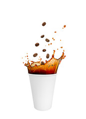 A white paper cup filled with espresso coffee. Coffee splash with flying coffee beans. On a white...