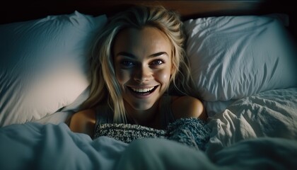 A beautiful smiling woman close up in bed generative ai