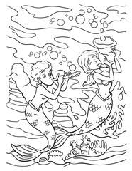 Fototapeta na wymiar Mermaid Playing Flute Coloring Page for Kids