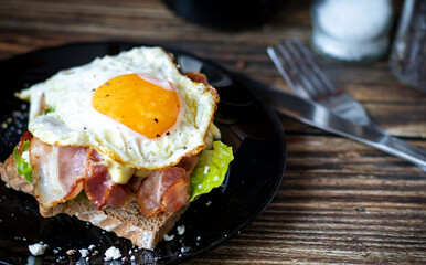 
A fresh and healthy toasted sandwich made from fresh vegetables. Sandwich with eggs and bacon.