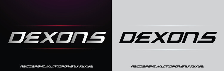 Dexons, Game Sport Movie Alphabet Font. Typography modern regular style font for technology, digital, logo design. vector illustration