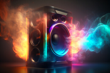 Music speakers and subwoofer blasting loud music, neon colorful glow for advertisement or events - obrazy, fototapety, plakaty