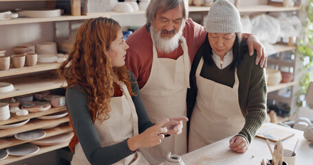 Art teacher, pottery and senior couple in a class, learning tips in art class. Young woman teaching old man and old woman to roll clay, sculpture and giving instruction in studio to learn new skill