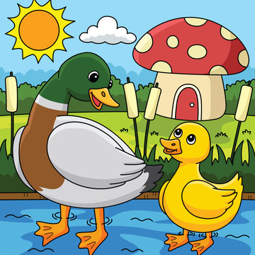 Spring Mother Duck and Duckling Colored Cartoon 