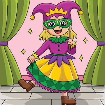 Mardi Gras Jester Girl Colored Cartoon