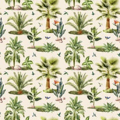 Tropical vintage palm tree and hummingbird seamless pattern, Exotic botanical jungle wallpaper. Hand drawn painting