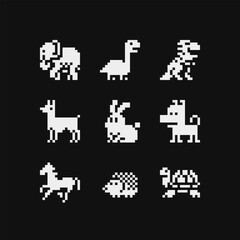 Animals pixel art icon set dinosaur, crocodile, bat, snail, gecko, snake, turtle. Sticker, logo, embroidery design. Different types animals isolated vector illustration. Video game assets.