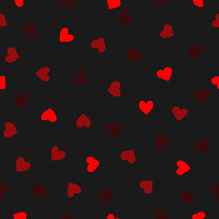 Fototapeta na wymiar Seamless pattern small red hearts on black background. Valentines day simple dark wall paperwith fall heart, vector eps 10
