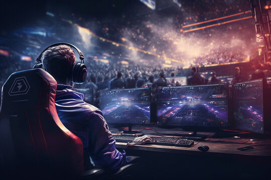 Concept of E-sports, gaming competion behind computer 