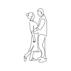 Romantic, hugging couple standing face to face. One line art. Man and woman in love want to kiss each other. Vector illustration