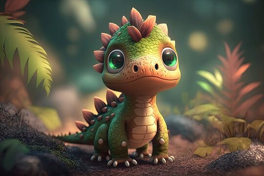 cute adorable baby dinosaur generative ai rendered in the style of children, friendly cartoon animation fantasy style