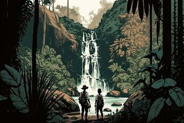 Fototapeta premium Two persons in front of a waterfall in a tropical forest. Generative AI
