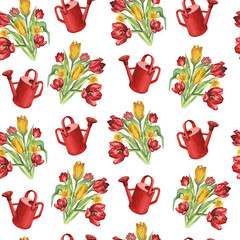 Watercolor seamless pattern with yellow and red tulips and red watering can. Spring, Happy Easter pattern.