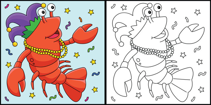 Mardi Gras Jester Crawfish Coloring Illustration