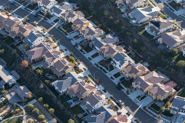 Aerial view of contemporary suburban sprawl in the Santa Clarita community of Los Angeles County,...