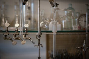 Closeup of vintage, glass laboratory equipment
