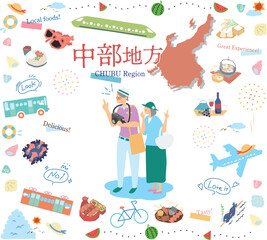 日本の中部地方の夏のグルメ観光を楽しむシニア夫婦、アイコンのセット（フラット）