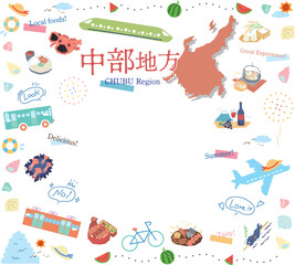 Obraz premium 日本の中部地方の夏のグルメ観光のアイコンのセット（フラット）