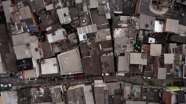Aerial view above a ghetto distict in Sao Paulo, Brazil - cenital, drone shot
