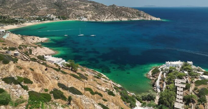 Aerial view over Mylopotas Beach on Ios Island in Greece.