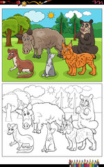 cartoon wild animals characters group coloring page