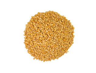 Yellow split peas isolated on white background. Top view. Selective focus.