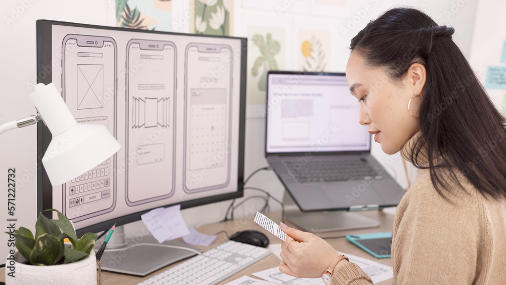 Poster Woman, developer and wireframes with technology in design, planning or strategy at the office. Creative female designer working with layouts by computer for app development or project plan at work