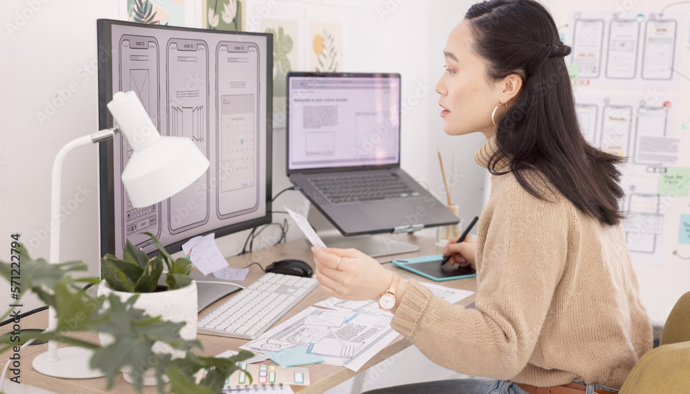 Poster computer, design and phone with a business woman planning an application development in her office a