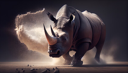 high definition photo realistic render, ai generated action shot of a rhino charging,  cinematic lighting,  - obrazy, fototapety, plakaty