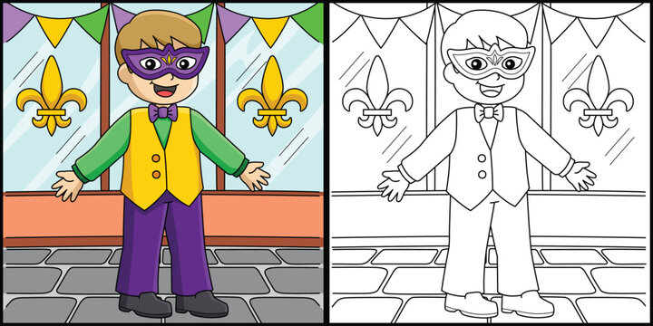 Mardi Gras Boy with Mask Coloring Illustration