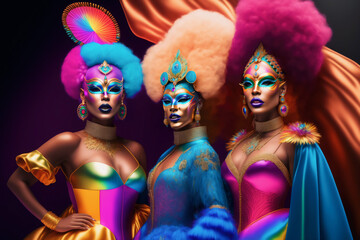 three Actresses Drags in colorful fantasy costumes for party carnival. Drag queens in glamorous dresses and carnival masks for show. Generative ai